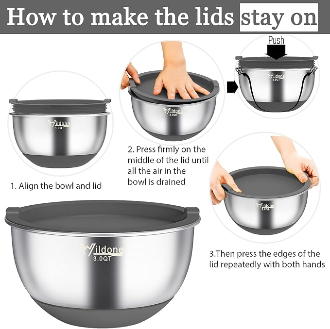 Wildone Mixing Bowls with Airtight Lids, Stainless Steel Mixing Bowls Set | Metal Bowls with 3 Grater Attachments & Non-Slip Bottoms, Size 5, 4, 3, 2,1.5, 0.63QT, Includes Utensil Set for Prep, Gray - Image 7