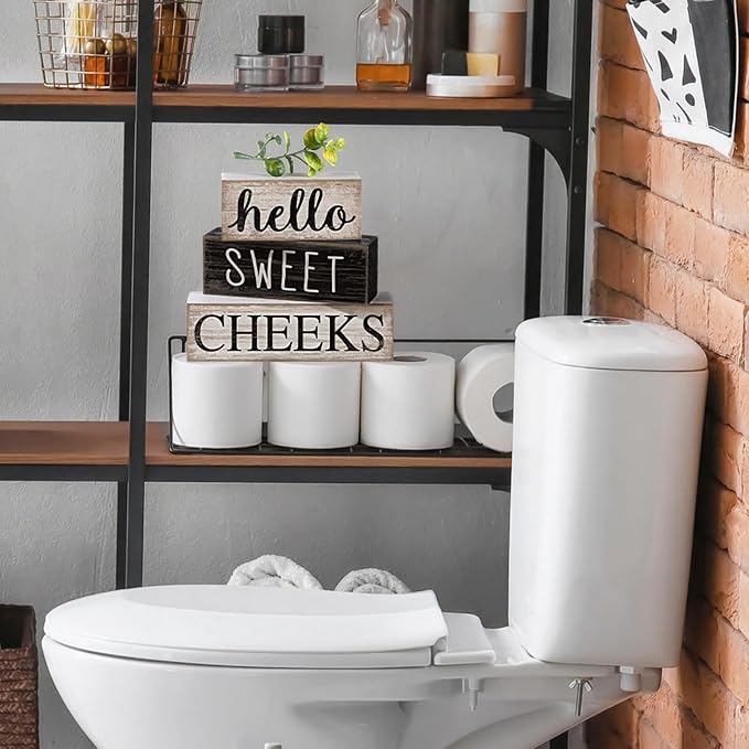 Moucuny 4 Pcs Bathroom Shelf Decor Hello Sweet Cheeks Sign Farmhouse Bathroom Decor and Accessories Rustic Eucalyptus Leaves Wood Block Sign Gift Sweet Home Table Centerpiece for Home Office - Image 4