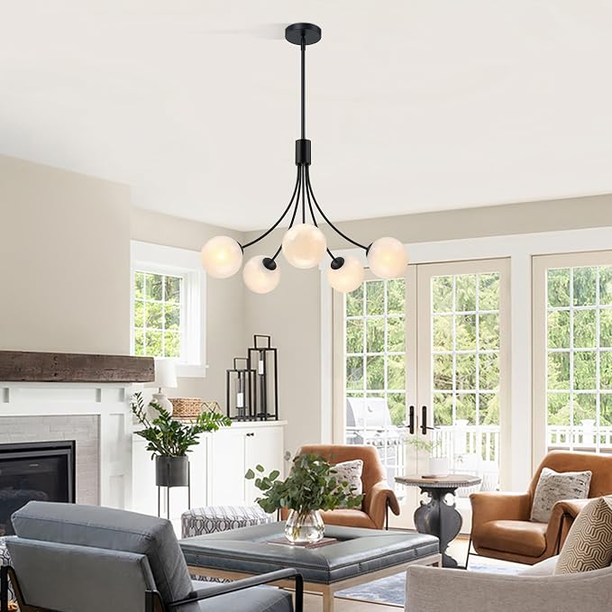 Bubble Chandelier, Modern Sputnik Dining Room 5-Light Chandelier with Black Finish and Glass Globes for Kitchen Bedroom Foyer and Living Room - Image 5