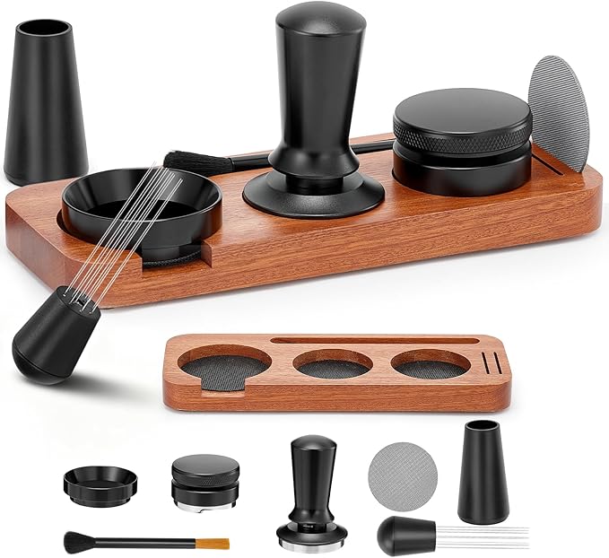 54mm Espresso Accessories Kit, 7 PCS Espresso Tamper Tools, WDT Tool Set with Coffee Tamper, Distributor, Dosing Funnel, Stirrer, Puck Screen, Brush & Wood Tamping Station - Fits 54mm Portafilter
