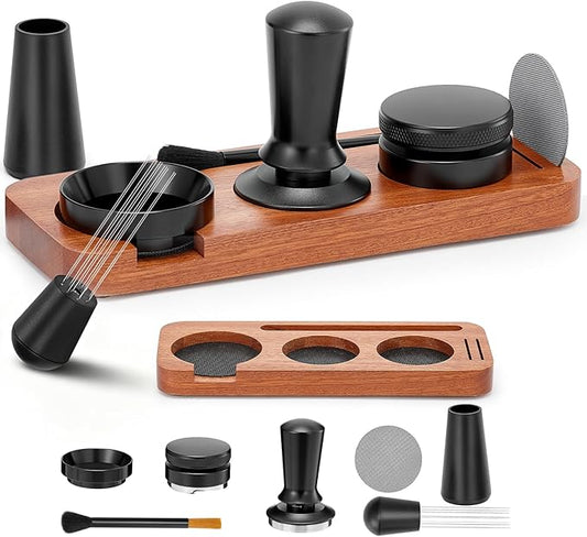 54mm Espresso Accessories Kit, 7 PCS Espresso Tamper Tools, WDT Tool Set with Coffee Tamper, Distributor, Dosing Funnel, Stirrer, Puck Screen, Brush & Wood Tamping Station - Fits 54mm Portafilter