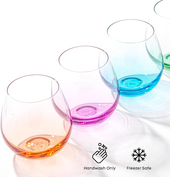 JoyJolt Hue Stemless Wine Glass Set, Large 15 oz Stemless Wine Glasses Set of 6 for White Red or Water, Short Glass Tumblers, No Stem Margarita Glasses, Colored Tumbler - Image 6