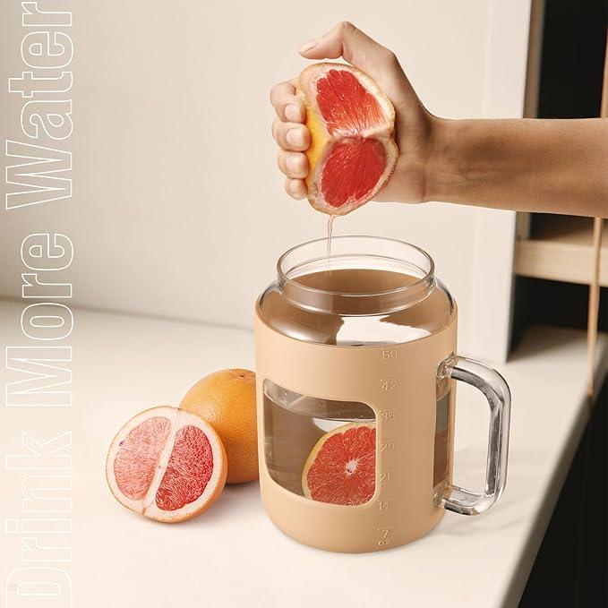 50 oz Glass Water Bottles with Silicone Sleeve,Glass Tumbler with Lid and Straw,Iced Coffee Cup with Handle,BPA Free-Amber