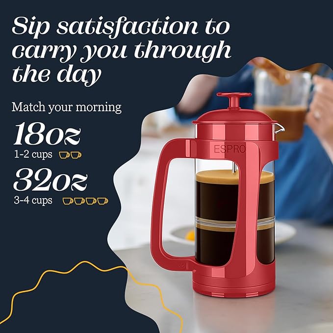 ESPRO P3 French Press Coffee Maker – Patented Double Micro-Filter for Grit-Free Brew, Heat Resistant thicker Borosilicate Glass Coffee press – Red (32oz)