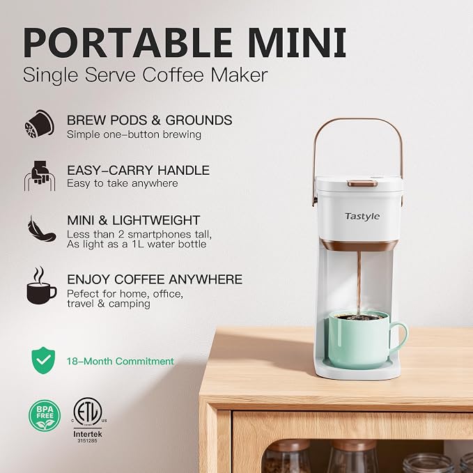 Tastyle Mini Single Serve Coffee Maker for K Cups and Grounds with Handle | for Travel, Camping, Office, RV and Dorm, Portable Handle,120V, 6 to 12 Oz Brew Size, BPA Free, K302, White and Brown - Image 2