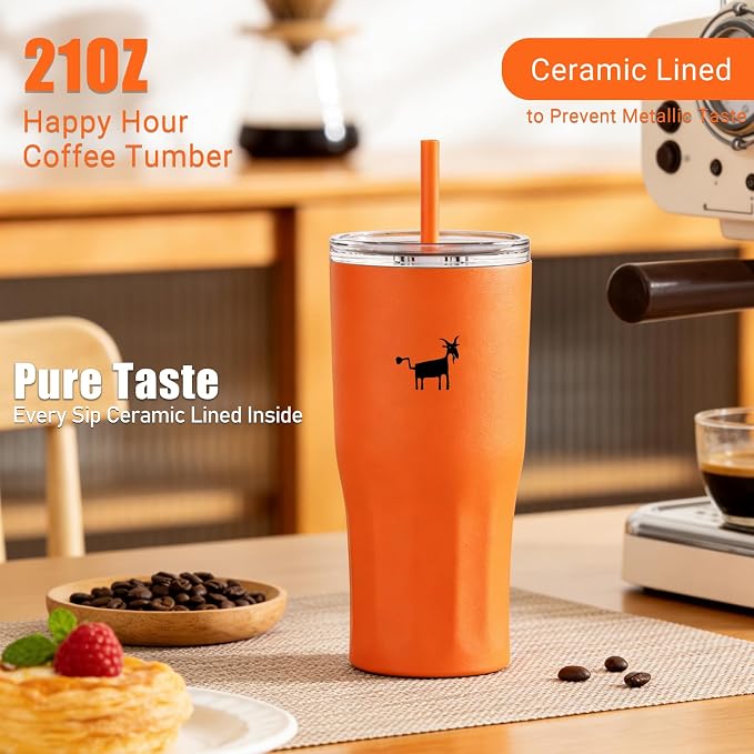 CHEERFUL GOAT Ceramic Lined Coffee Travel Mug – Stainless Steel Travel Coffee Tumbler with Ceramic Liner, with lid, 21 OZ Cup for Hot and Cold Water Coffee at Home, Office, or On the Go (Orange) - Image 5