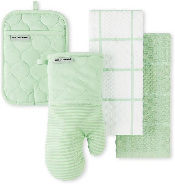 KITCHENAID Quilted Cotton Terry Cloth Oven Mitt, Pot Holder, Kitchen Towel 4-Pack Set, Heat Resistant, Silicone Grip, 16"x26", 7"x13" & 7"x10", Pistachio by KitchenAid