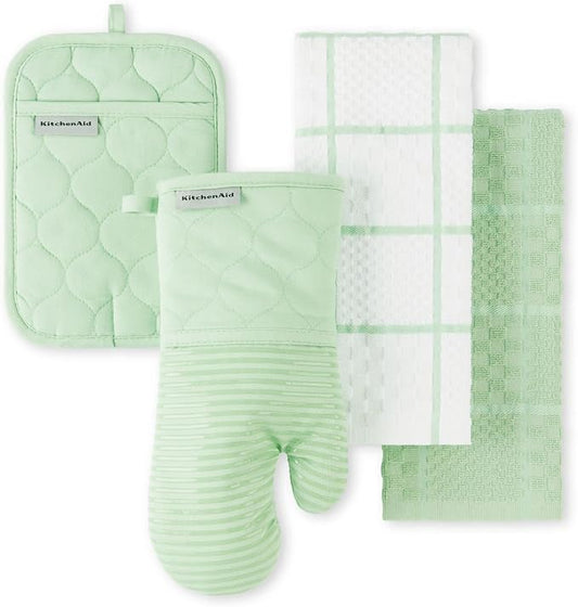 KITCHENAID Quilted Cotton Terry Cloth Oven Mitt, Pot Holder, Kitchen Towel 4-Pack Set, Heat Resistant, Silicone Grip, 16"x26", 7"x13" & 7"x10", Pistachio by KitchenAid