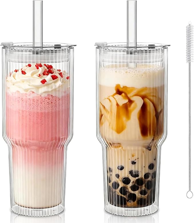 KEMORELA 28 oz Double Wall Glass Tumblers Set of 2, Extra-Wide 13mm Reusable Drinking Straws, Boba Tumbler, Wide-Mouth Water Cups for Iced Coffee, Smoothies, Boba & Tea Lovers (Ribbed) by KEMORELA