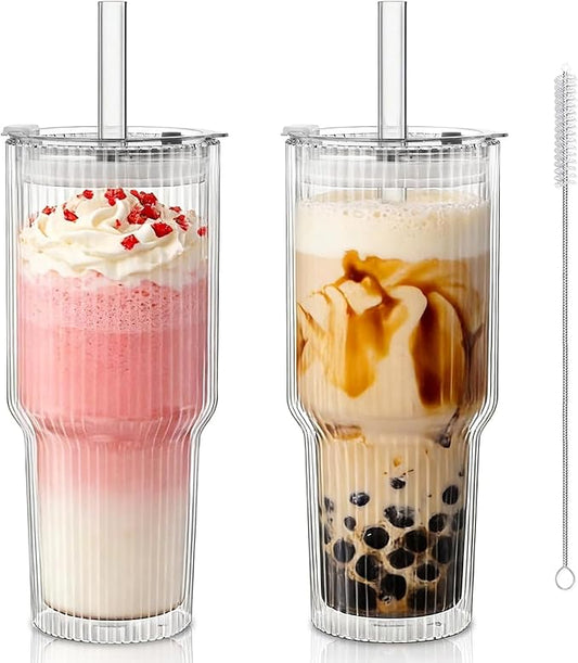 KEMORELA 28 oz Double Wall Glass Tumblers Set of 2, Extra-Wide 13mm Reusable Drinking Straws, Boba Tumbler, Wide-Mouth Water Cups for Iced Coffee, Smoothies, Boba & Tea Lovers (Ribbed) by KEMORELA