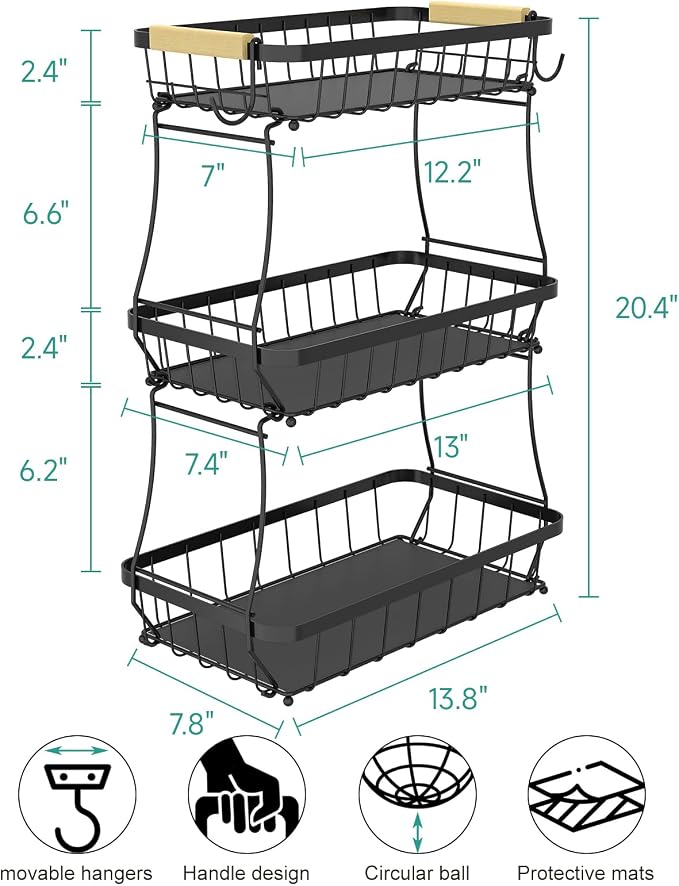 3-Tier Fruit Basket with Banana Hangers, Detachable Metal Bowl | Wooden handle, protective mats included. Versatile holder for bread, snacks, and veggies. Large 3 tier metal design. - Image 8
