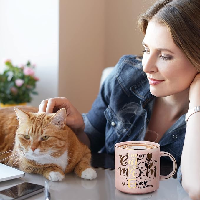 Cat Mom Gifts for Women, Best Cat Mom Ever Mug, Gifts for Cats Lovers | Unique 14oz Pink Marble Ceramic Gold Pattern Cup Gift Box, Birthday Christmas Mothers Day gifts for Cat Lady Mom Wife Friend - Image 5
