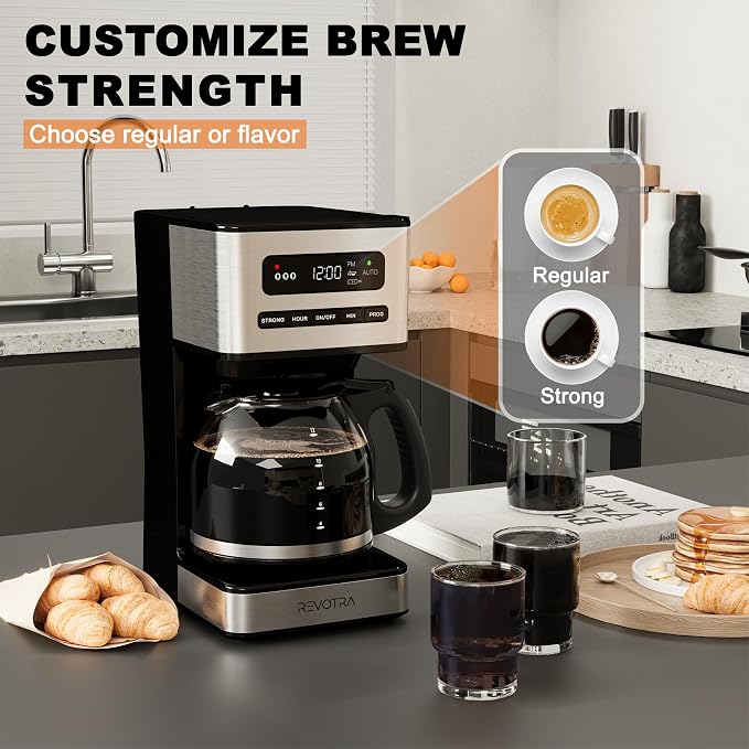 REVOTRA 12 Cup Programmable Coffee Maker, Hot and Iced Drip Coffee Makers | Regular & Strong Brew Drip Coffee Machine, 1-4 Cup, 24H Timer, Auto Shut-Off, Keep Warm, Pause & Serve - Image 6
