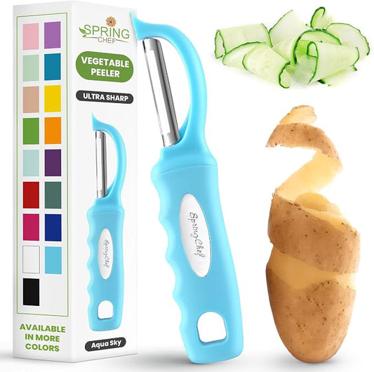 Spring Chef Swivel Potato Peeler for Kitchen w/Soft Grip Handle, Aqua Sky | Premium Vegetable Peeler w/ Sharp Stainless Steel Blades, Multifunctional Food Peeler for Apple, Carrot, Cucumber, Fruit by SpringChef