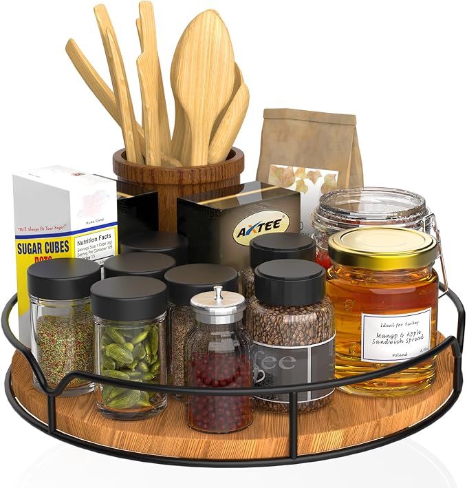 Lazy Susan Turntable Organizer for Cabinet Pantry Kitchen Countertop Refrigerator Cupboard, Pine Wood, 9", Carbonized Black by AXTEE