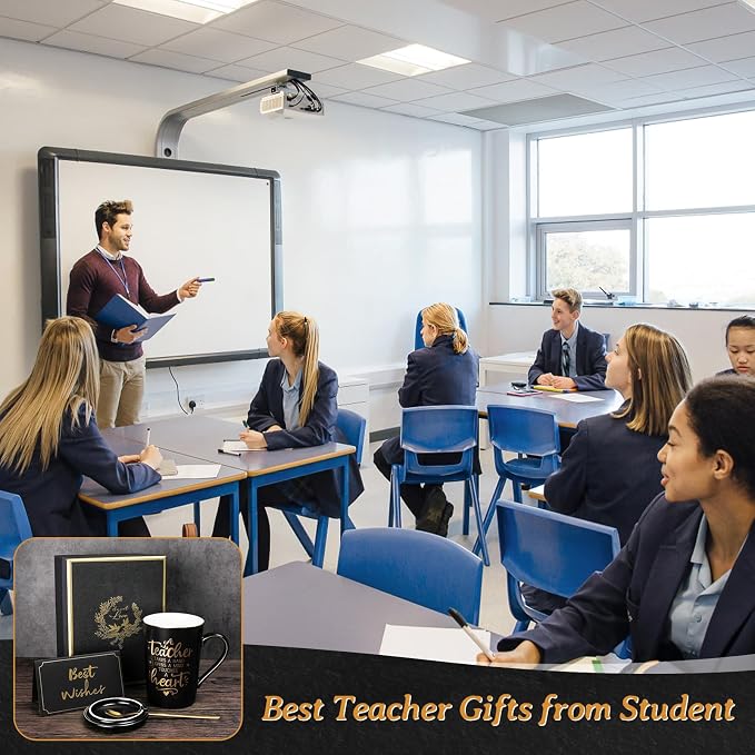Best Teacher Appreciation Gifts for Men Women, 14oz Unique Black Coffee Mug | Gold Print Teacher Ceramic Cup, Presents for Teachers Graduation Retirement Valentine, with Lid Spoon Card, Nice Gift Boxed - Image 7