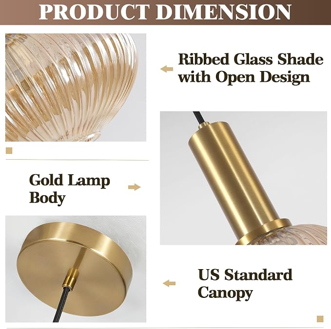 KCO Modern Brushed Brass Gold 11.8” Large Amber Ribbed Glass Pendant Light | E26 Adjustable Lantern Hanging Light for Sloped Ceiling Mid Century Vintage Ceiling Light for Kitchen Island Sink Dining Room - Image 3