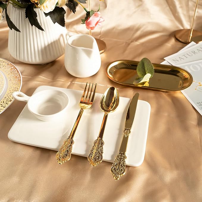 N9R 300pcs Gold Plastic Silverware Dinnerware Flatware- Heavyweight Plastic Cutlery Set, 100 Forks, 100 Spoons, 100 Knives, Gold Utensils for Party, Thanksgiving, Christmas | 100 Fancy Forks, Spoons, Knives, Heavy Duty, BPA-Free, for Party, Weddings, B... - Image 3