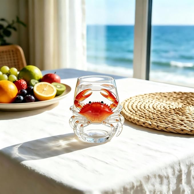 Artisanal Blue Ringed Glassware Octopuses Stemless Wine Glasses Marine Animal Bar Glass Coastal Home For Lovers (White1, A) - Image 3
