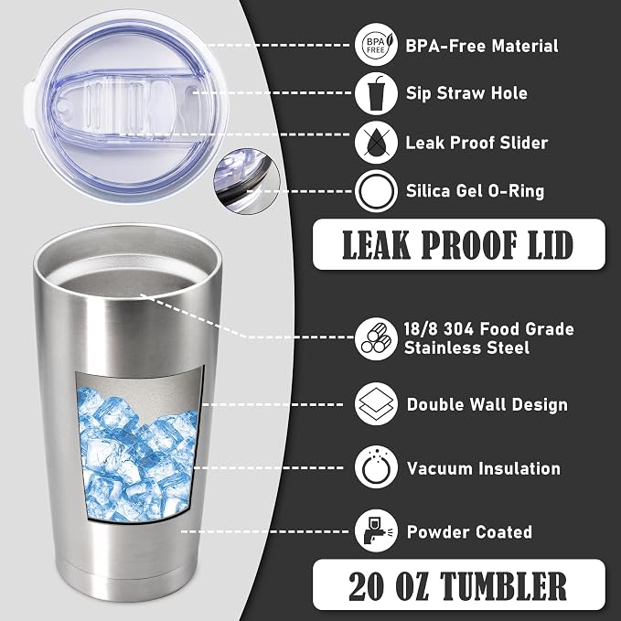 20oz Tumbler Insulated Coffee Tumblers with Lid Stainless Steel SS 12P | 20 oz Tumblers Double Wall Insulated Vacuum 20oz Coffee Mug Leak Proof Tumblers with Lid Powder Coated - SS 12 Pack - Image 3