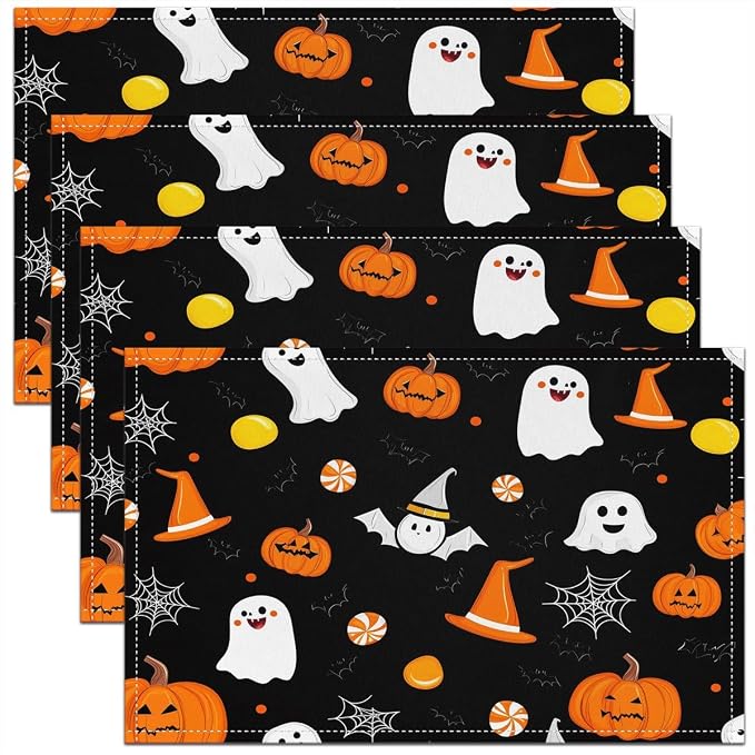 Feelyou Happy Halloween Placemats Set of 4 Cute Ghost Pumpkin Table Mats for Party Kitchen Dining Decoration Orange White Black Place Mat for Table Holiday Decor Indoor Outdoor 18"x12" Non-Slip by Feelyou