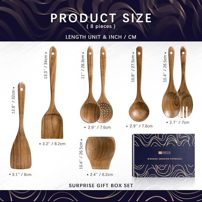 Wooden Spoons for Cooking, 8-Piece Acacia Wood Utensil Gift Set | Spoons and spatulas stir, mix, flip and serve; gift-ready box makes it ideal for housewarmings, weddings and new kitchens. - Image 2