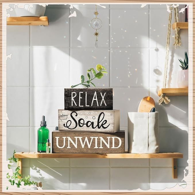 Moucuny 4 Pcs Bathroom Shelf Decor Sign Farmhouse Bathroom Decor and Accessories Rustic Eucalyptus Leaves Wood Block Sign Gift Relax Soak Unwind Farmhouse Table Centerpiece for Home Toilet - Image 7