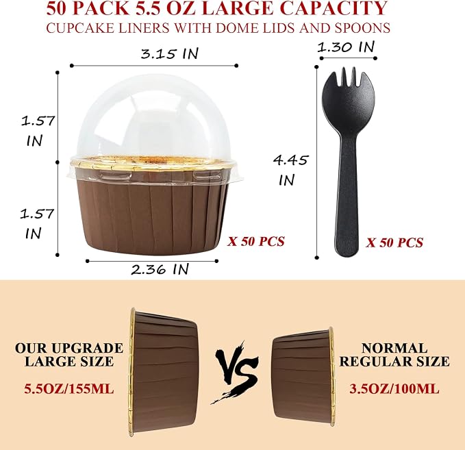 5oz Foil Cupcake Cups Muffin Tins 50 Pack,LNYZQUS Cupcake Liners with Dome Lids,Disposable Ramekins Pans Tins Wrappers Holders,Large Muffin Liners Baking Cups-Brown in gold - Image 3