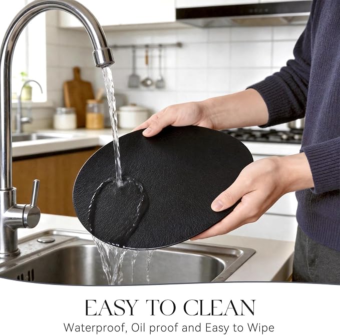 MOSAYT 13 Inch Round Vinyl Placemats Set of 6 - Faux Leather 100% Waterproof Oil-Proof Wipeable PU Place Mats, Heat Resistant Reversible Table Mats for Kitchen, Dining, Outdoor, Black - Image 4