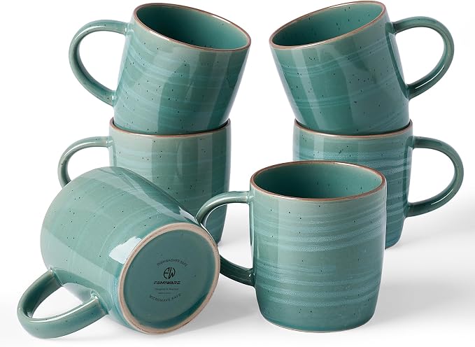 famiware Coffee Mugs Set of 6, Meteor 13 oz Ceramic Mug Cup Set with Handle for Coffee, Tea, Cappuccino, Latte, Milk, Peacock Green by Famiware