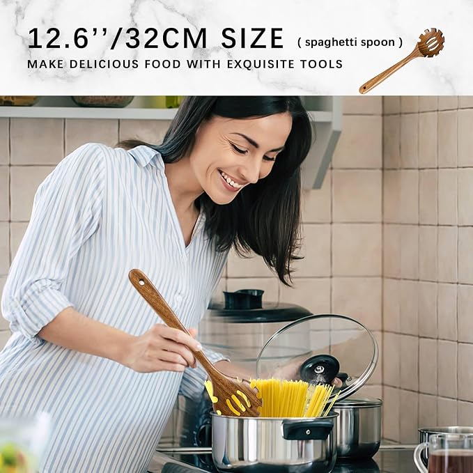 Wooden Spoons for Cooking, 8-Piece Acacia Wood Cooking Utensil Set | Spoons and spatulas stir, mix, flip and serve; balanced handles offer control while staying gentle on nonstick cookware. - Image 3