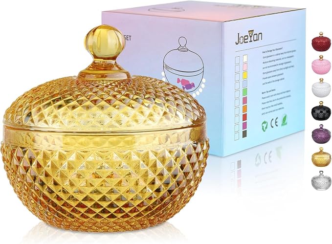 Joeyan 12 oz Small Amber Glass Jars with Lid,Embossed Glass Candy Dishes,Diamond Faceted Food Container,Decorative Jewelry Box Apothecary Canisters,Colored Kitchen Bathroom Buffet Storage Organizer by JoeyanHousehold