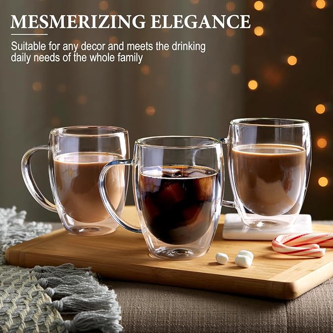 Double Walled Glass Coffee Mugs, 12.5OZ Cups Set of 4 for Latte Cappuccino | Clear Glass Coffee Cups with Handle,Perfect for Latte,Cappuccino, Espresso, American,Tea Bag - Image 5