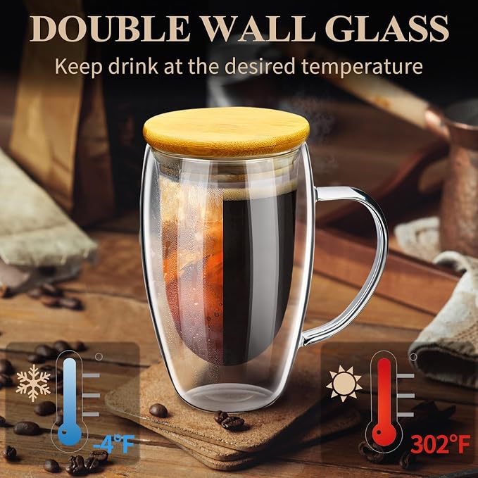 PARACITY Double Wall Glass Coffee Mugs 16OZ with Bamboo Lid/Spoon, Glass Coffee Cups Set of 2 with Handle, Insulated Clear Coffee Mug, Perfect for Latte, Cappuccino, Espresso, Hot Beverage, Tea | Each clear cup has a handle, bamboo lid and wooden spoon... - Image 4