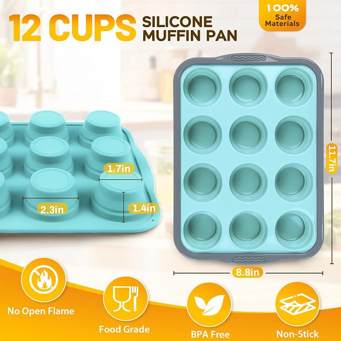 Silicone Muffin Pan, 12 Cups Non-Stick Cupcake Pan, Food-Grade BPA-Free Muffin Tin, Oven-Safe 450 °F, Reinforced Steel Frame, Easy-Grab Handles, Quick-Release 2.3" Baking Molds for Mini Treats - Image 2
