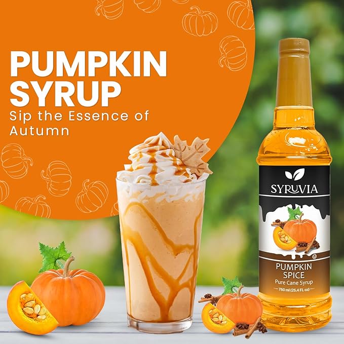 Syruvia Pumpkin Spice Syrup – 25.4 fl oz – Syrup for Coffee, Lattes, Shakes, Smoothies, Desserts – 100% Vegan, Gluten Free, Kosher (Pack of 3)