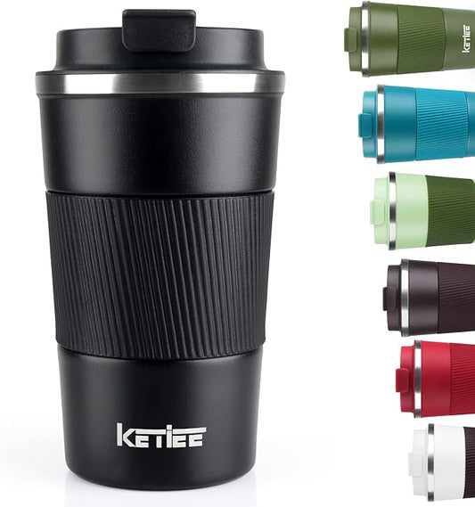 KETIEE Travel Mug 12oz, Vacuum Insulated Coffee Mug with Leakproof Lid, Travel Coffee Tumbler Stainless Steel Double Walled Reusable Coffee Cup for Hot and Iced Water (Black) by KETIEE