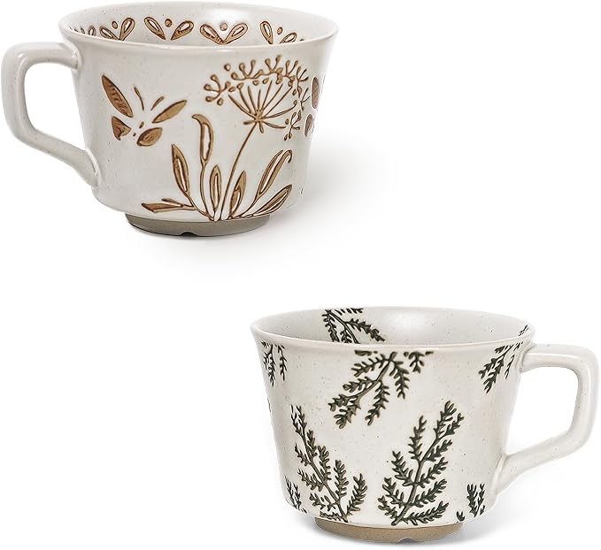 Vintage Ceramic Mug Set - 12 oz Unique Ceramic Coffee Mugs & Tea Cups with Hand-Drawn Patterns, Dishwasher & Microwave Safe, Ideal Gift by ZPGXLRZ