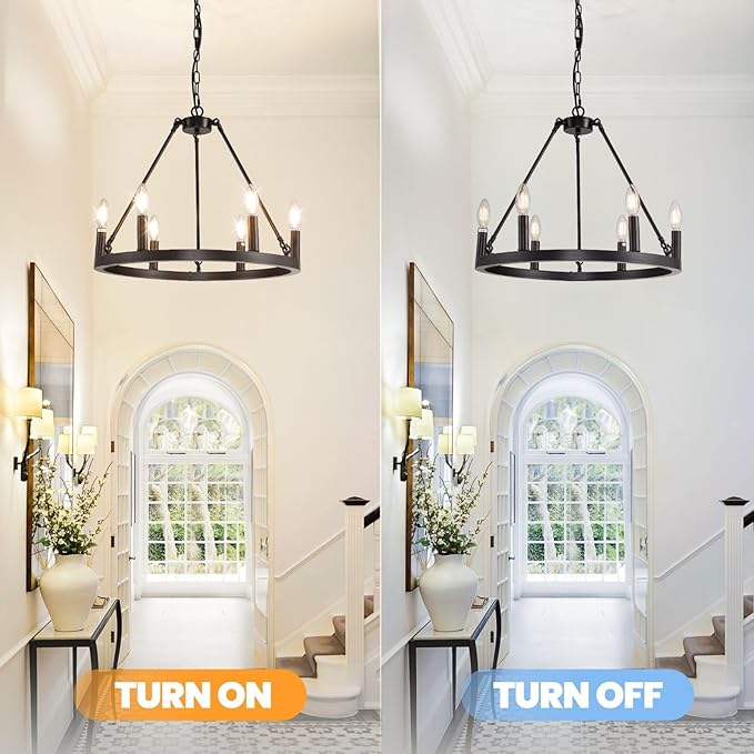 WJShome 20.7" Wagon Wheel Chandelier, 6-Light Black Chandeliers for Dining Room, Farmhouse Foyer Lighting Fixtures, Round Rustic Chandelier, for Kitchen Island, Entryway,Hallway - Image 5