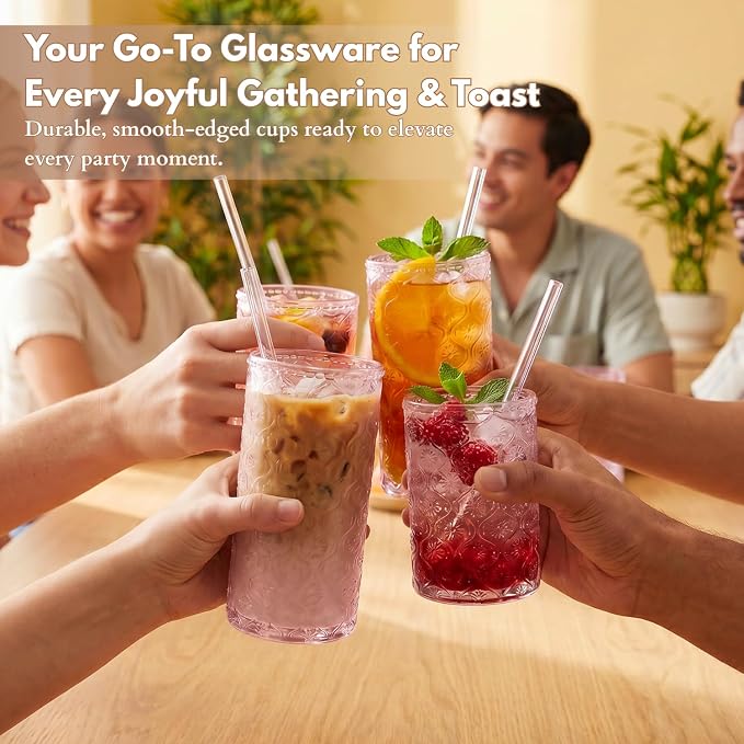 Pink Drinking Glasses Set of 8, 12 Oz Highball & 10 Oz Cocktail Glasses with Straws, Thick Glass Iced Coffee Cups, Floral Embossed Kitchen Vintage Glassware Set for Water, Beer, Juice, Whiskey - Image 6