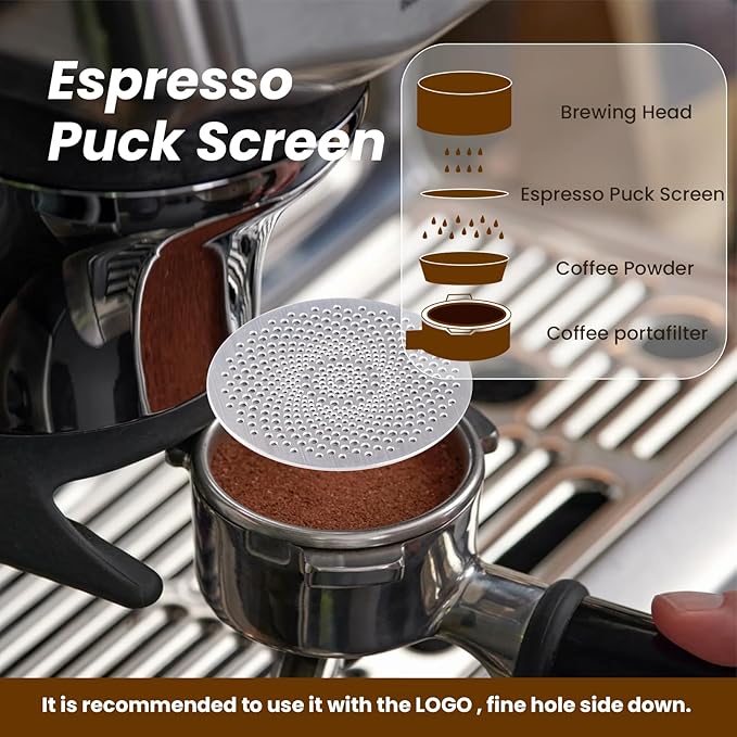 2Pack Stainless Steel Espresso Puck Screen with Stand, 58.5mm Reusable Coffee Filter, 0.8mm Thickness Metal Mesh for Portafilter Basket (58.5MM）