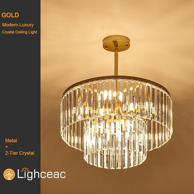 17.7" Gold Semi Flush Mount 2-Tier Crystal Ceiling Light Fixtures for Dining Room Modern Industrial 8-Light Chandeliers Lighting for Bedroom Entryway Hallway Kitchen Island Living Room Foyer - Image 7
