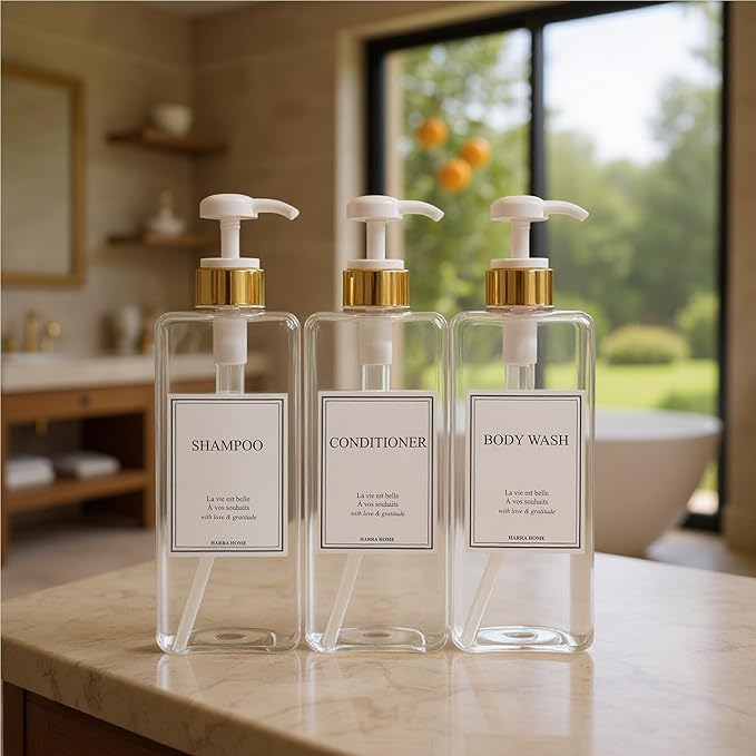 Modern Gold Design Large 27 oz Shampoo and Conditioner Dispensers - Plastic Refillable Pump Bottle Set for Bathroom Shower Soap Dispenser, Includes 6 Waterproof Labels, Set of 3 (Clear & White)