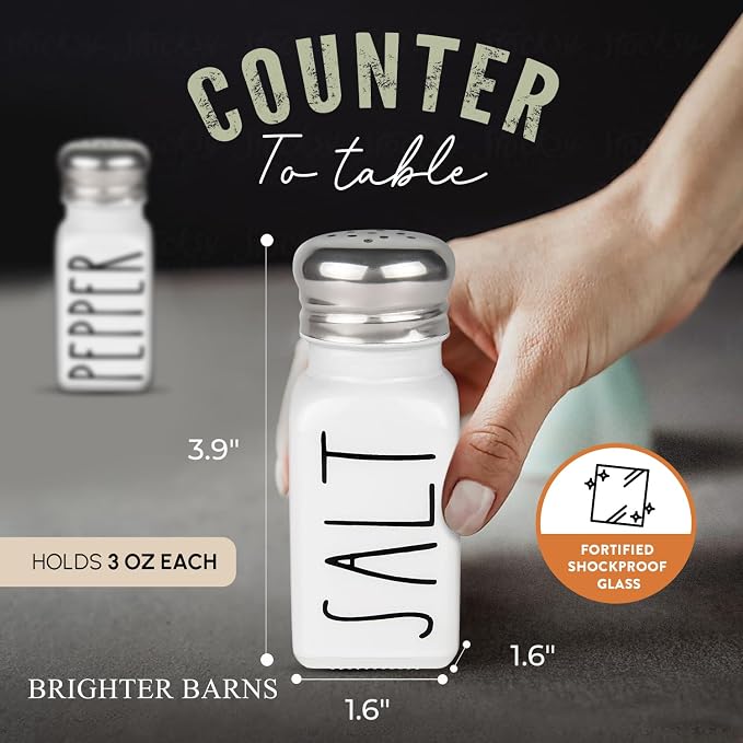 White Salt and Pepper Shakers Set by Brighter Barns - Neutral Minimalist Kitchen Decor - Modern Farmhouse Kitchen Decor - Cute Glass Shakers for Home Restaurants Weddings & Stainless Steel Lid (White) - Image 3