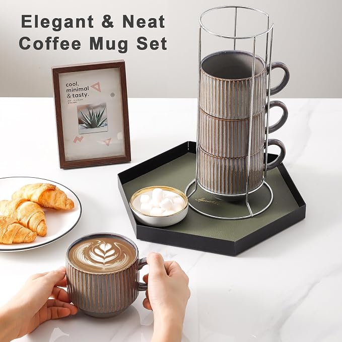 HASENSE Porcealin Coffee Mugs, Stackable Coffee Cups Set of 4 with Stand - 15 oz Large Ceramic Ribbed Latte Cup Set for Cappuccino, Tea, Hot Cocoa, Drinks - Dishwasher & Microwave Safe, Brown - Image 5