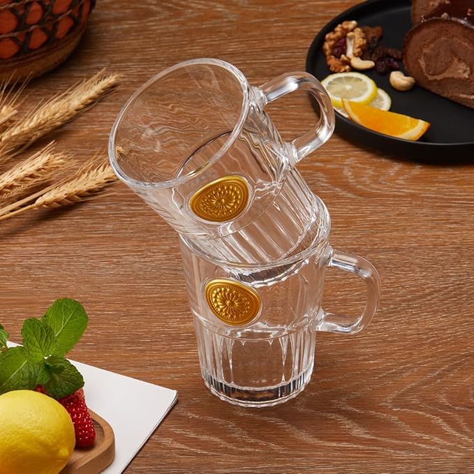 Vintage Glass Coffee Mugs Set of 2, 15oz Embossed Glass Coffee Cups with Bamboo Lids and Spoons, Handmade Clear Tea Cups with Handle and Gift Box - for Cappuccino, Latte, Milk