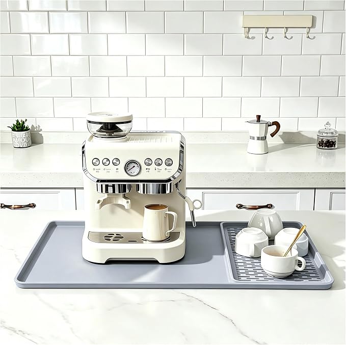Caketime 2 In 1 Silicone Coffee Bar Mat Accessories for Keurig Coffee Maker pot with Detachable Dish Drying Rug Kitchen Counter Under Sink Drainer Necessities Rome Decor 16"x16" Light Gray - Image 5
