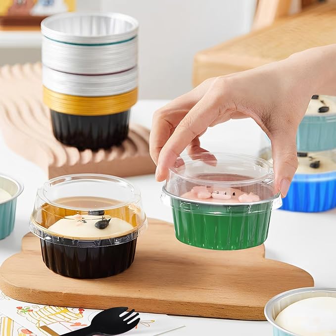 50Pcs Mini Aluminum Foil Cupcake,5oz silvery Baking Cups with Lids | Disposable Ramekins for Christmas,Mini Cake Pans,Loaf Pan with Lids,Tin Cups Containers for Cupcake,Pudding,Muffin,Cheesecake - Image 4