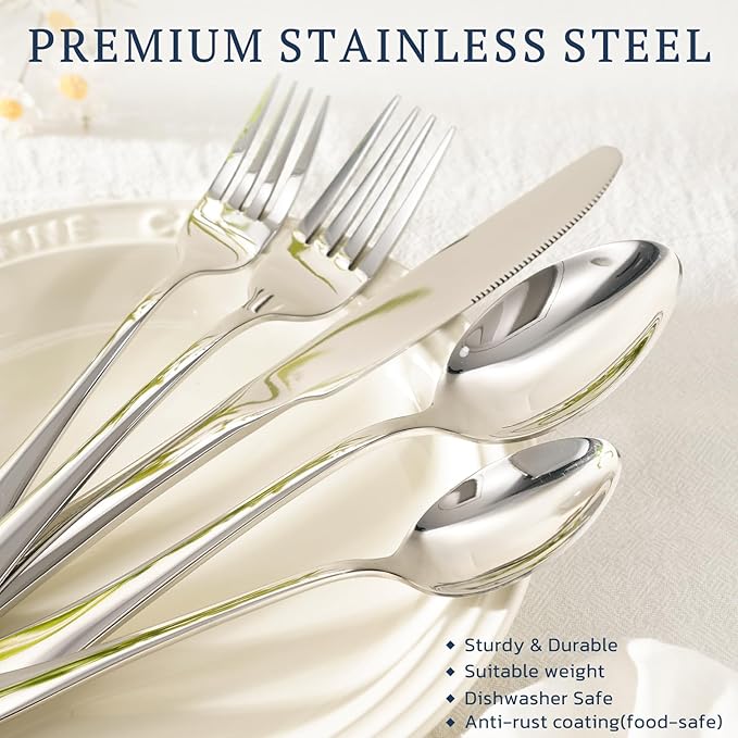 Astercook Silverware Set with Steak Knives 24-Piece Flatware Set for 4 Food-Grade Stainless Steel Cutlery Set Mirror Polished Utensils Set Include Spoons and Forks for Home Kitchen Restaurant - Image 3