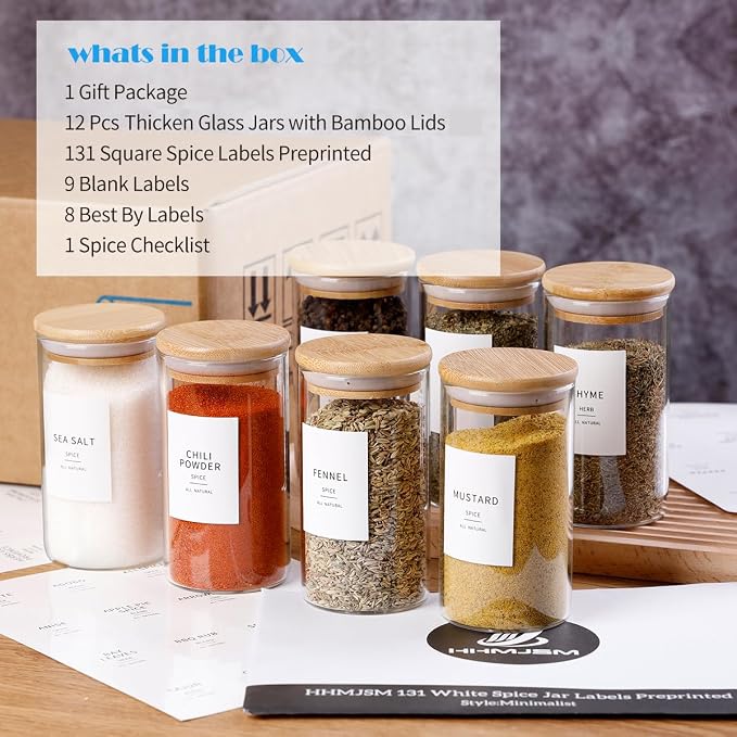 12 Pcs Glass Spice Jars With Bamboo Airtight Lids, 8oz Thicken(2.4mm) Spice Containers With 148 Minimalist Preprinted Waterproof Spice Labels, Kitchen Empty Small Storage Jars For Seasoning, Herb - Image 3